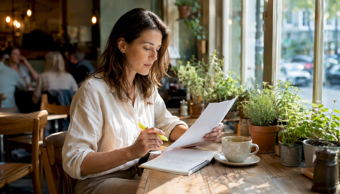 Nutritionist reading about functional botanicals in kitchen