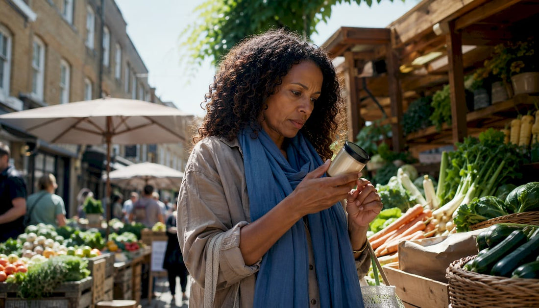 Woman reading wholefood label at market