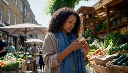 Woman reading wholefood label at market