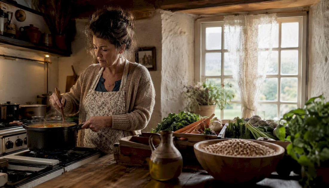Woman cooking traditional stew in rustic UK kitchen