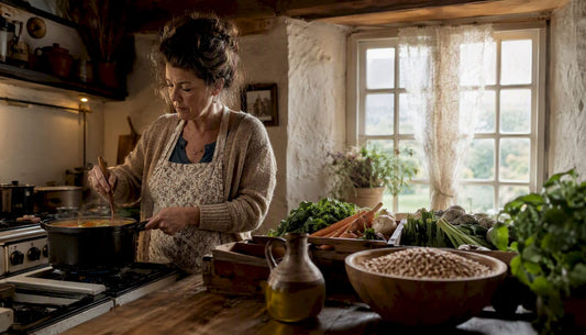 Woman cooking traditional stew in rustic UK kitchen