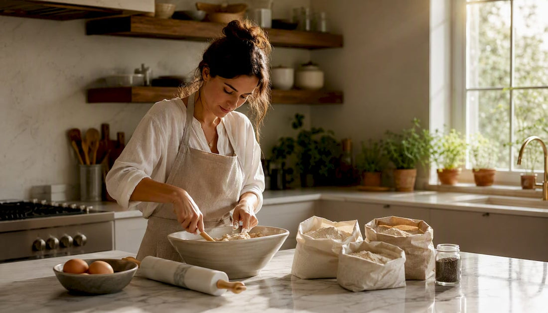 Woman mixing dough with various non-wheat flours