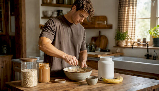 Man preparing protein oats bowl breakfast