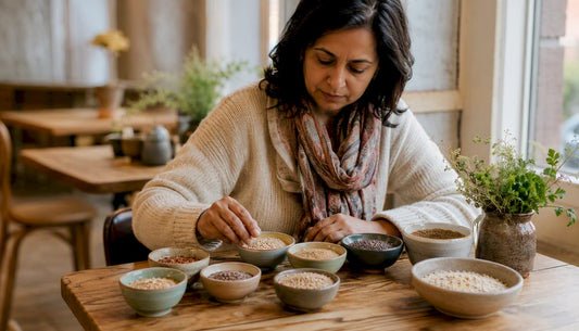 Woman selecting gluten-free grains in kitchen
