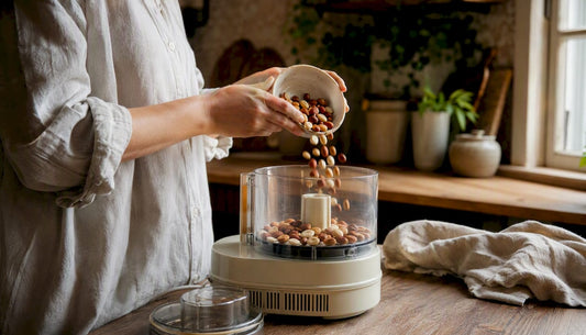 Hands pouring nuts into food processor