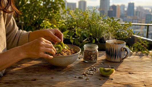 Hands preparing iron-rich plant-based breakfast bowl
