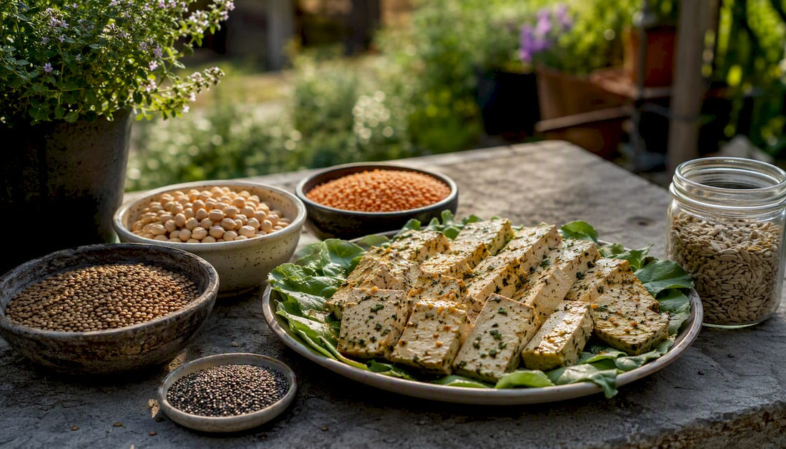 Raw vegetarian complete protein foods on kitchen surface