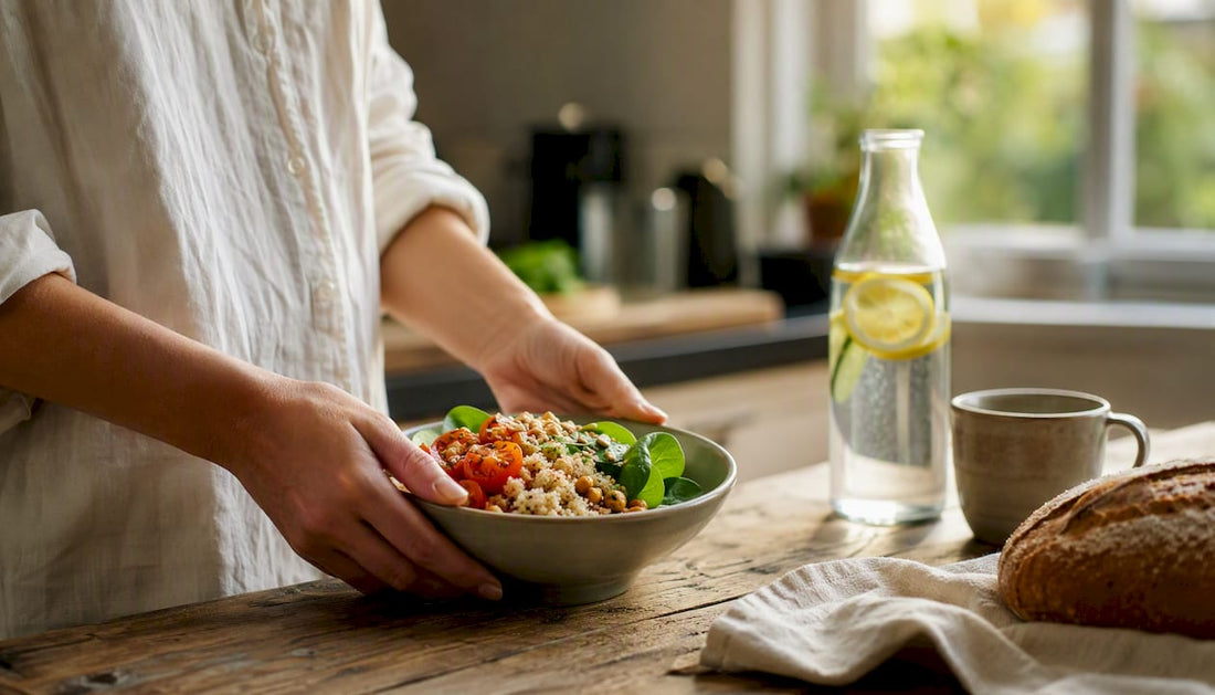 Hands assembling iron-rich vegan meal bowl