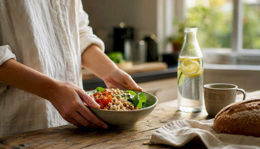 Hands assembling iron-rich vegan meal bowl