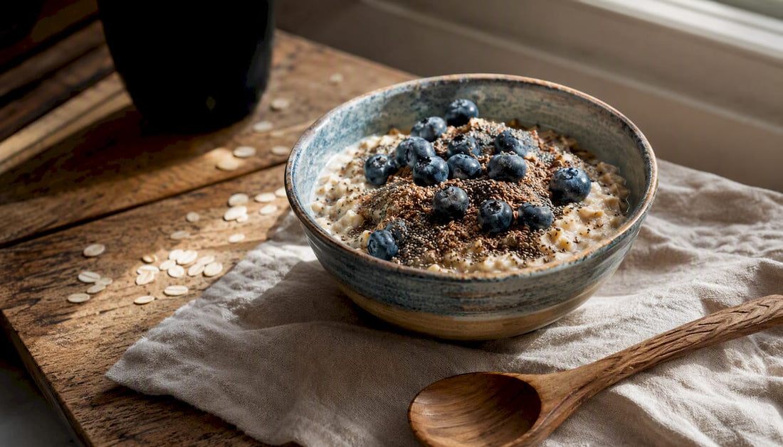 Bowl of oat porridge with seeds and blueberries