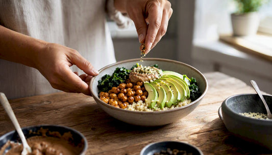 Hands assembling vegan protein breakfast bowl
