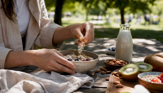 Hand pouring oats into bowl with fruit