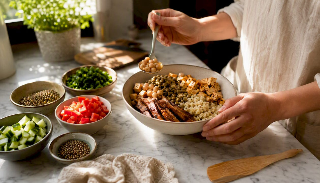 Hands assembling protein-rich vegetarian meal bowl