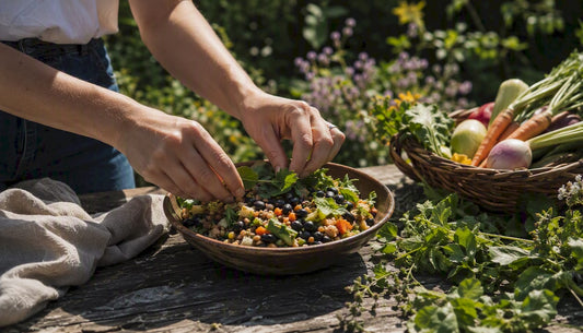 Hands assembling high-protein vegetarian meal with grains and pulses