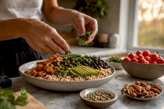 Hands slicing tempeh on a cutting board with plant-based ingredients