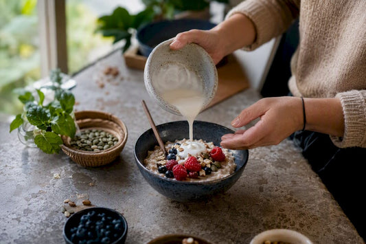 Hands preparing plant-based breakfast bowl with seeds and berries