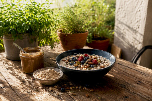 Healthy breakfast with protein and fibre-rich grains and nuts