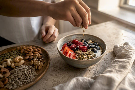Hands assembling high protein breakfast bowl without eggs