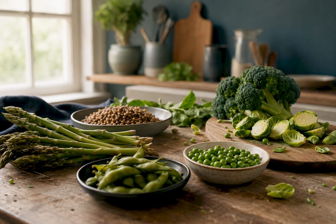 Assorted high protein and fiber vegetables in bowls