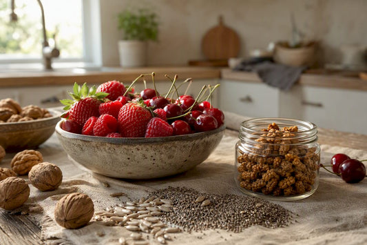 Bowl of fresh berries with nuts and seeds