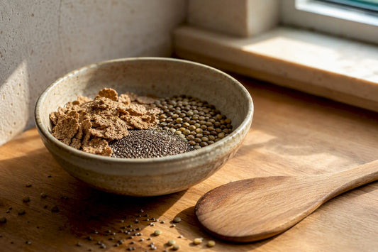 Bowl with bran cereal, seeds and pulses