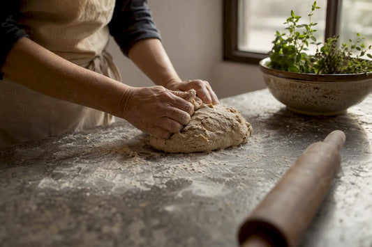 Hands mixing wheat flour dough on wooden surface
