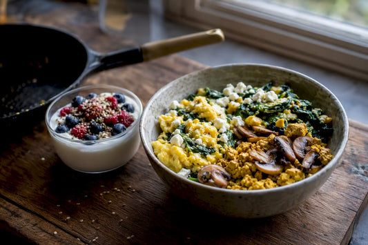 High protein vegetarian breakfast bowl on kitchen counter