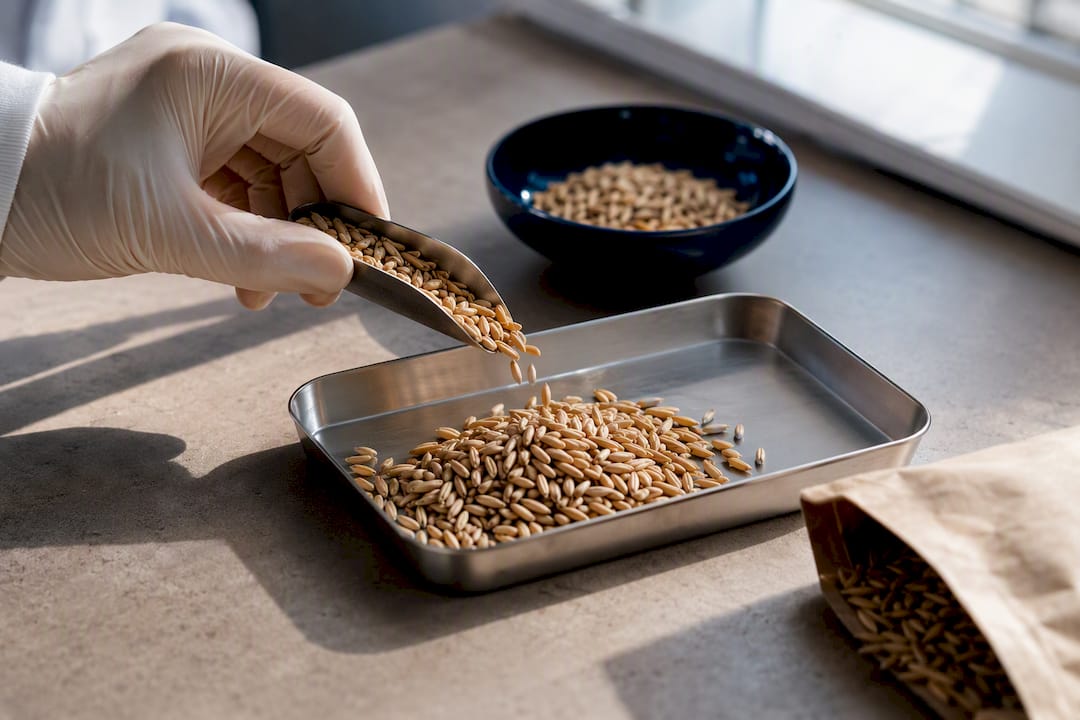 Oat groats undergoing purity inspection