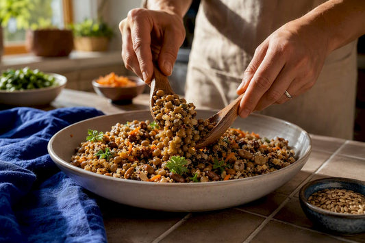 Hands combining grains and legumes