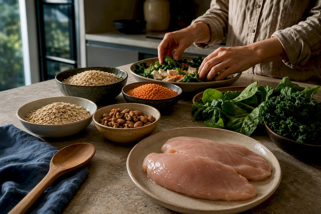 Whole foods arranged for a balanced meal