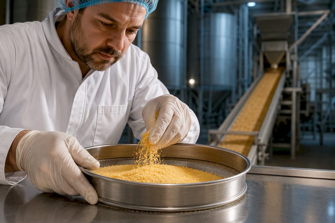 Cornmeal being inspected in a grain mill