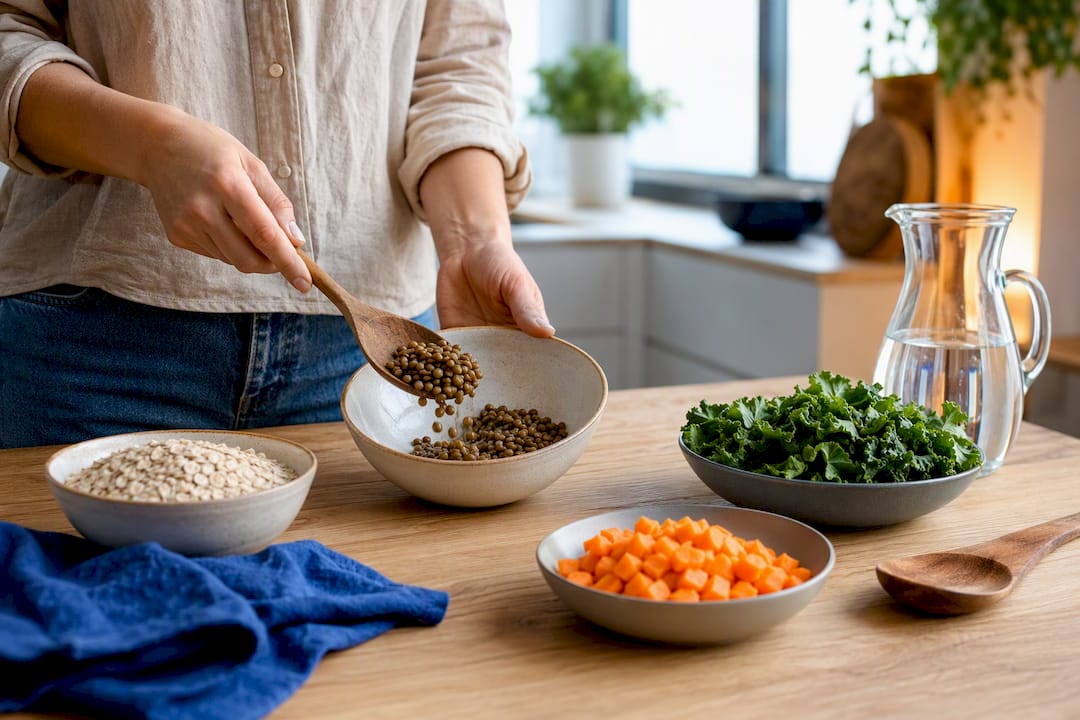 Hands assembling a whole-food plant-based meal
