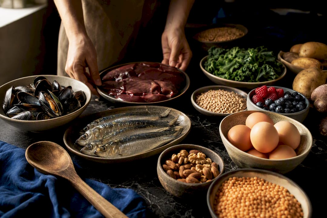 Micronutrient-rich foods arranged for weekly rotation
