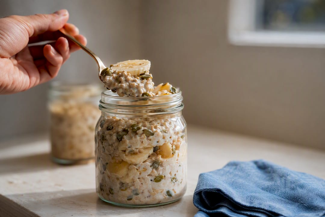 Overnight oats jar with banana and seeds