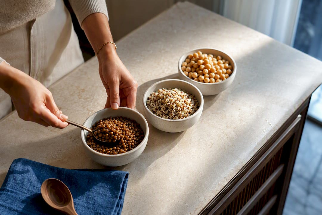 Plant protein ingredients portioned in ceramic bowls