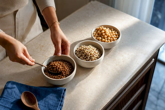 Plant protein ingredients portioned in ceramic bowls