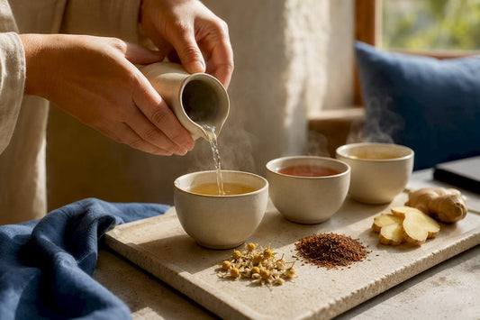 Chamomile rooibos and ginger teas brewing