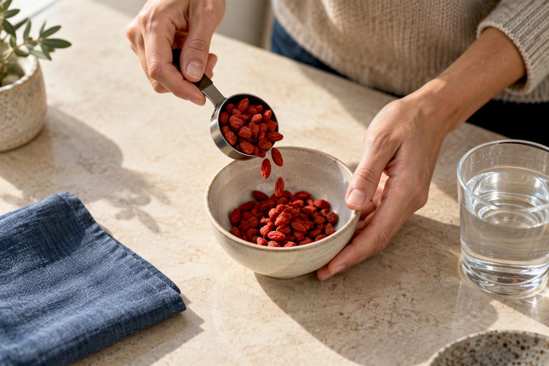 Hands measuring dried goji berry portion
