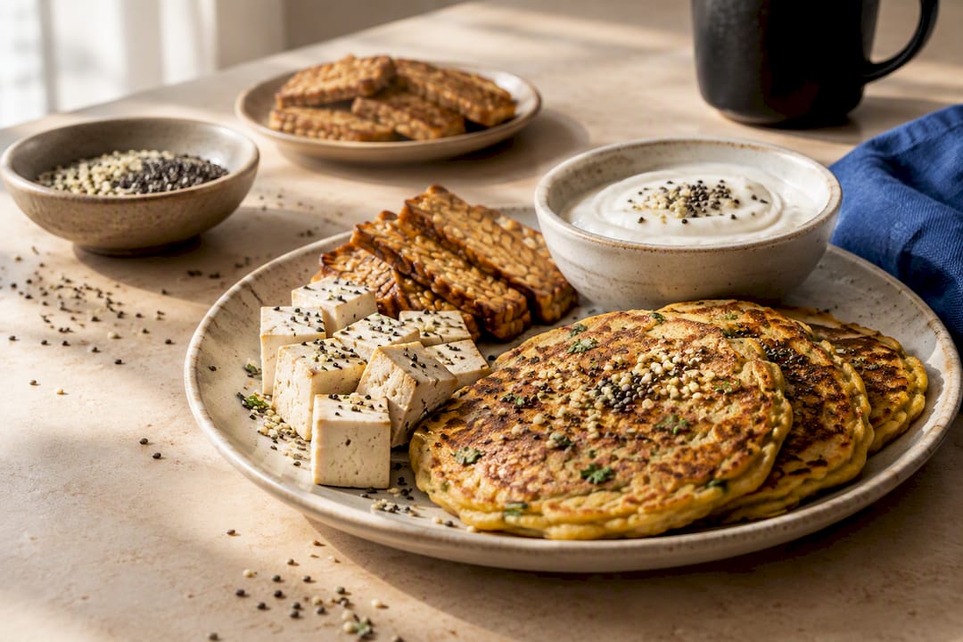 Low-carb vegan breakfast with varied protein anchors