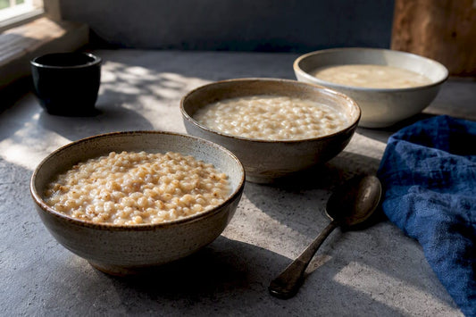 Three bowls of einkorn porridge textures