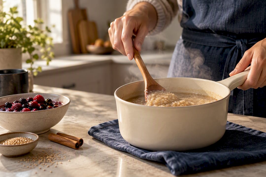 Amaranth porridge simmering with berries and cinnamon