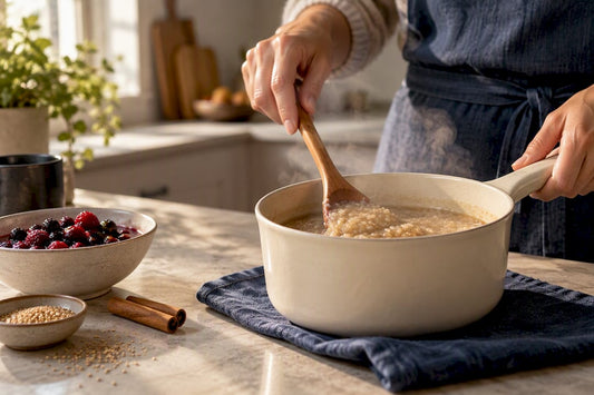 Amaranth porridge simmering with berries and cinnamon
