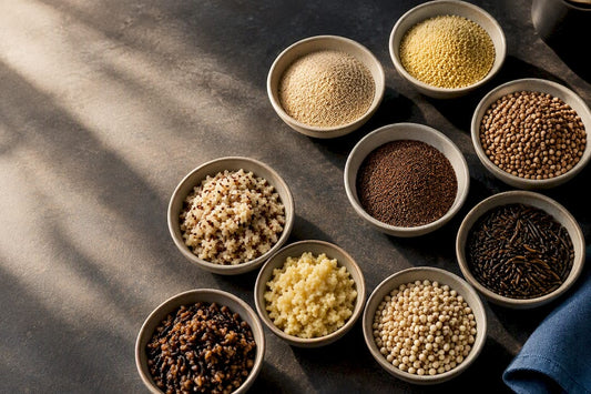 Six quinoa grain alternatives in ceramic dishes