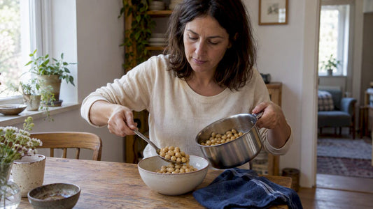 Woman serving cooked whole soybeans