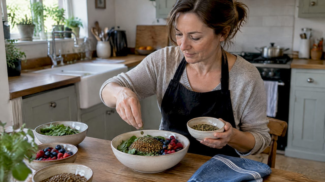 Portioned superfoods arranged in a bowl