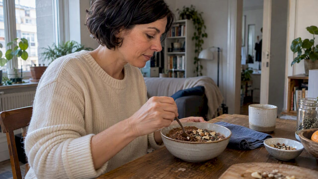 Cacao oats topped with nuts and seeds