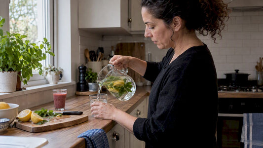 Homemade lemon mint water poured in a kitchen