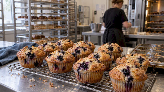 Blueberry spelt muffins cooling on a rack