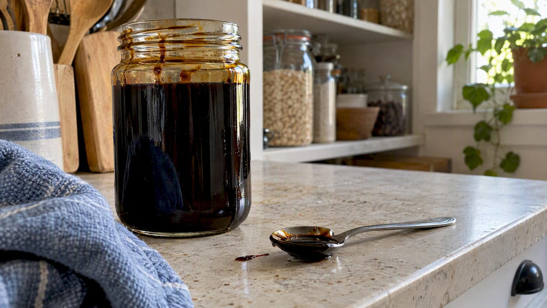 Open jar of dark blackstrap molasses