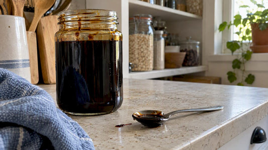 Open jar of dark blackstrap molasses